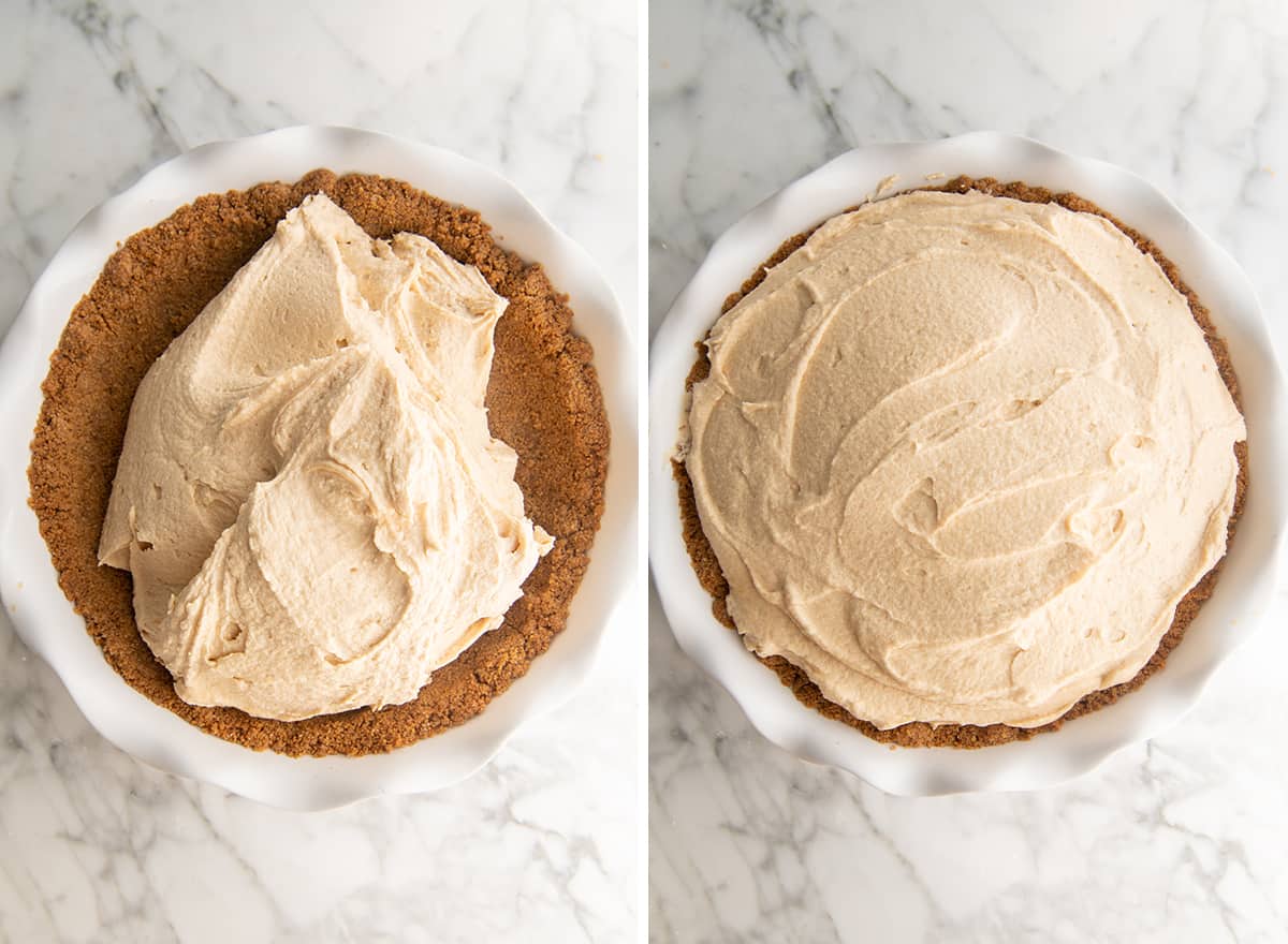 two photos showing How to Make Peanut Butter Pie - filling graham cracker crust with the peanut butter filling