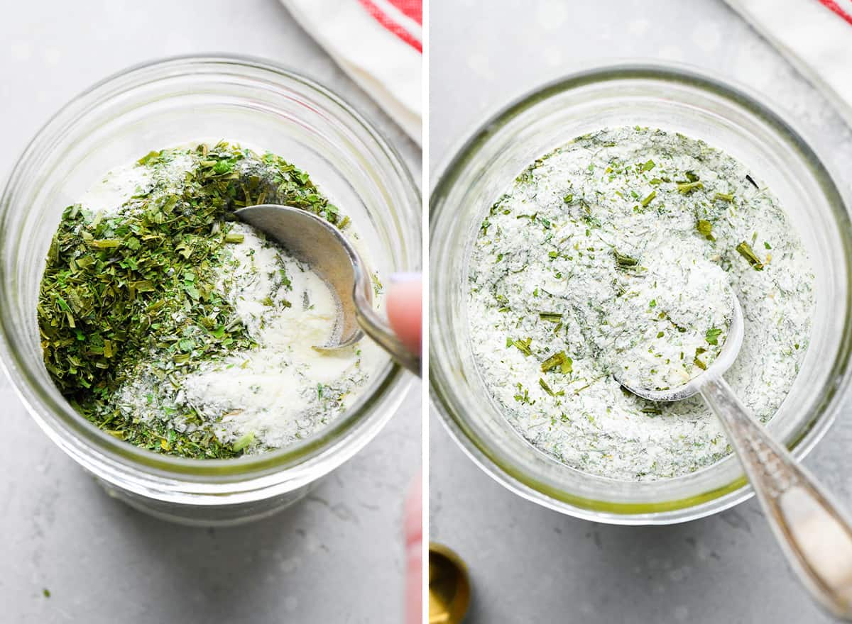 two photos showing How to Make Ranch Seasoning in a glass jar - adding buttermilk powder
