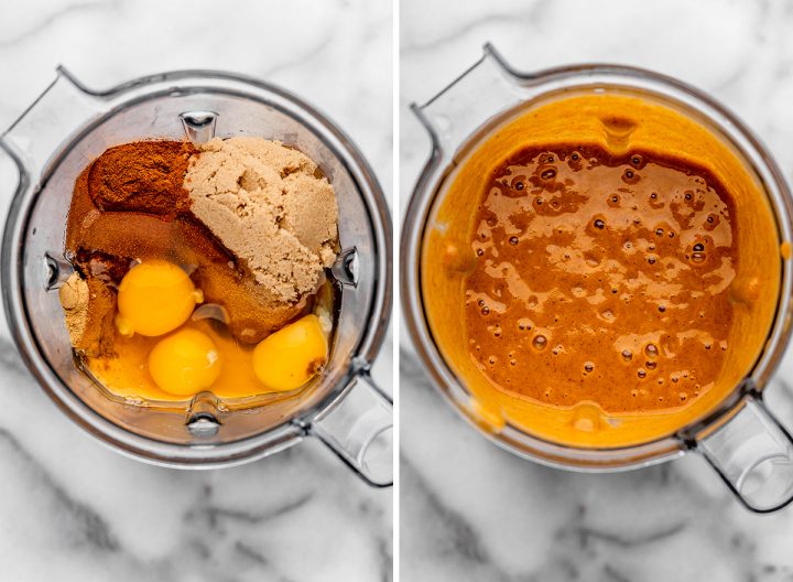 two photos showing How to Make Sweet Potato Pie filling in a blender 