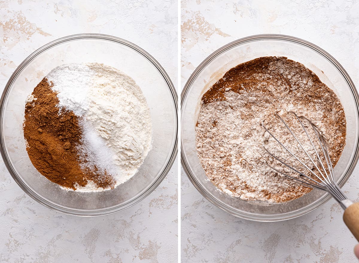 two photos showing how to make Pumpkin Banana Bread - mixing dry ingredients