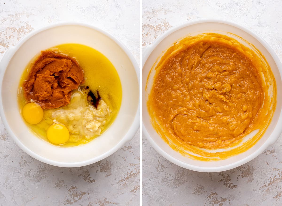 two photos showing How to Make Pumpkin Banana Bread - mixing wet ingredients