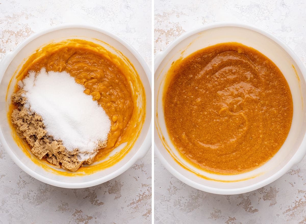 two photos showing sugars being added to pumpkin banana bread batter