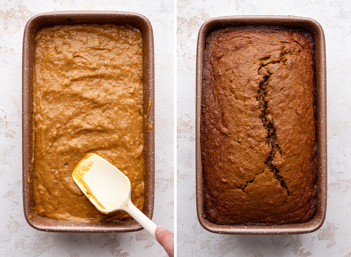 two photos showing pumpkin banana bread in a baking pan before and after baking