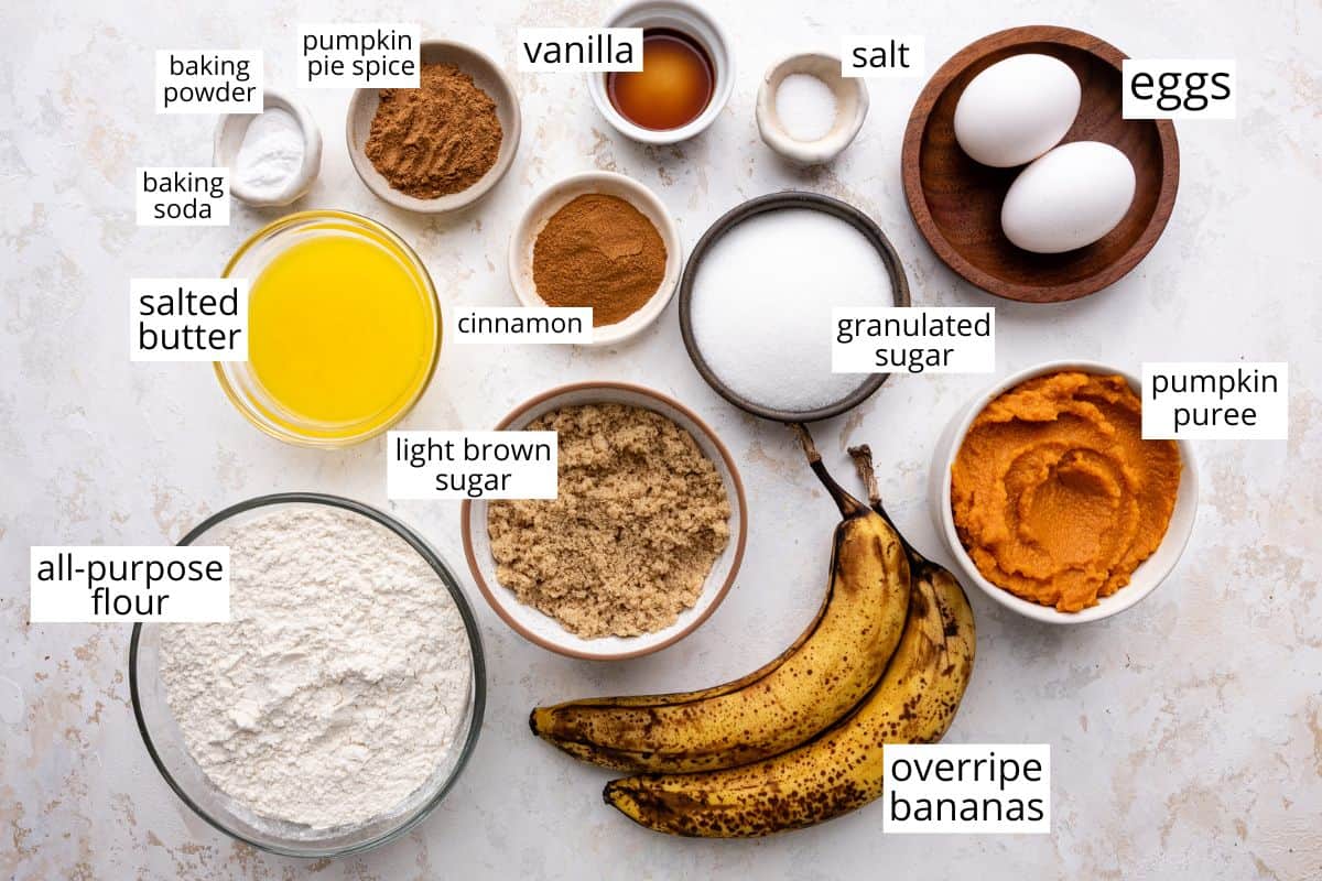 overhead photo of the ingredients in this Pumpkin Banana Bread recipe