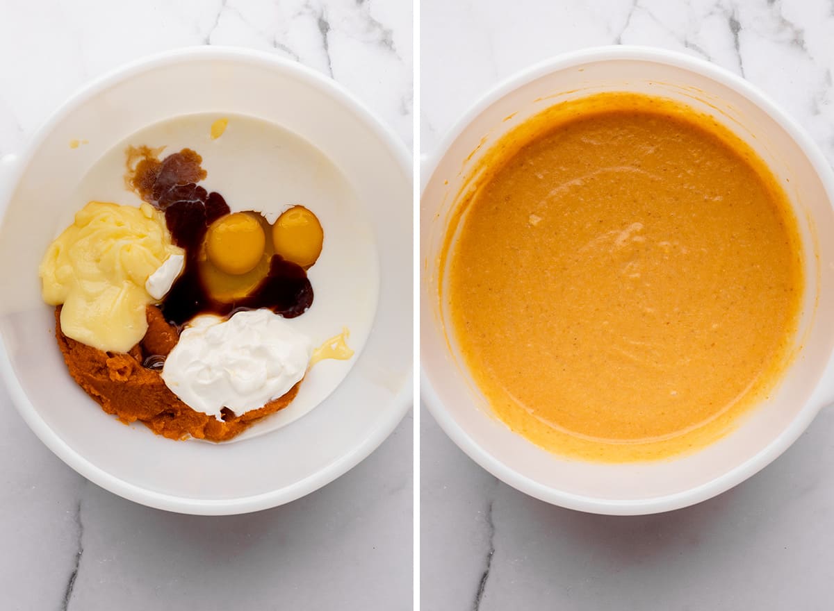 two photos showing how to make pumpkin cupcakes - combining wet ingredients