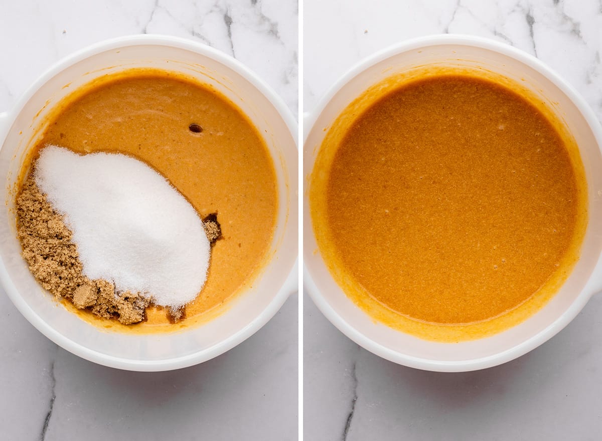 two photos showing how to make pumpkin cupcakes - adding sugars