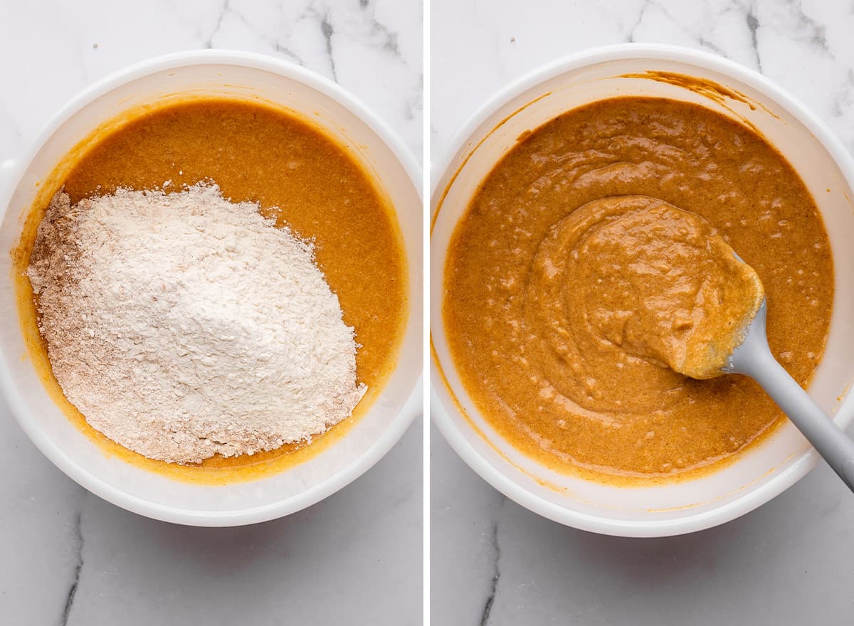 two photos showing how to make pumpkin cupcakes - combining wet and dry ingredients
