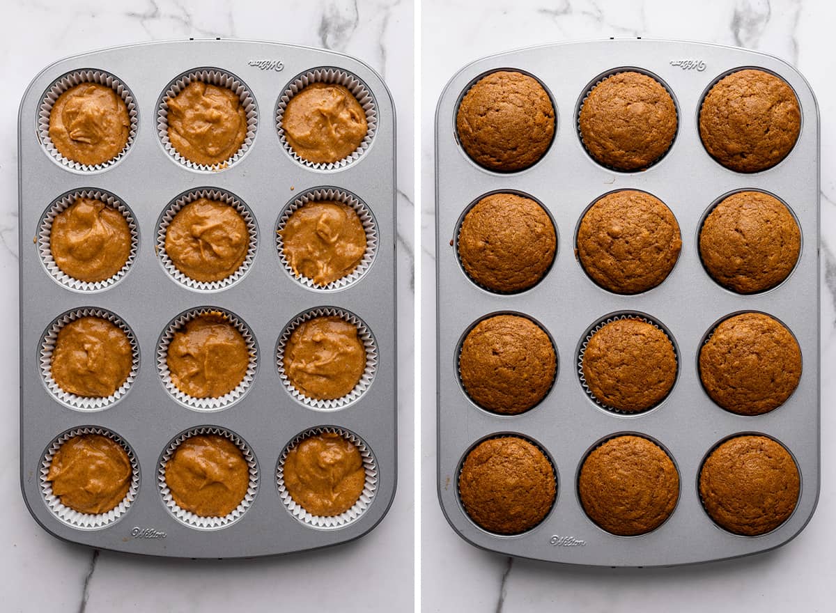 two photos showing pumpkin cupcakes in a muffin tin before and after baking