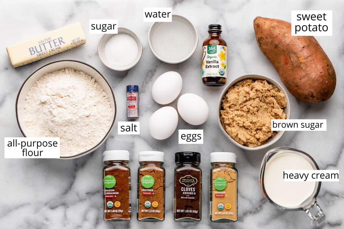 overhead view of the labeled ingredients in this Sweet Potato Pie recipe