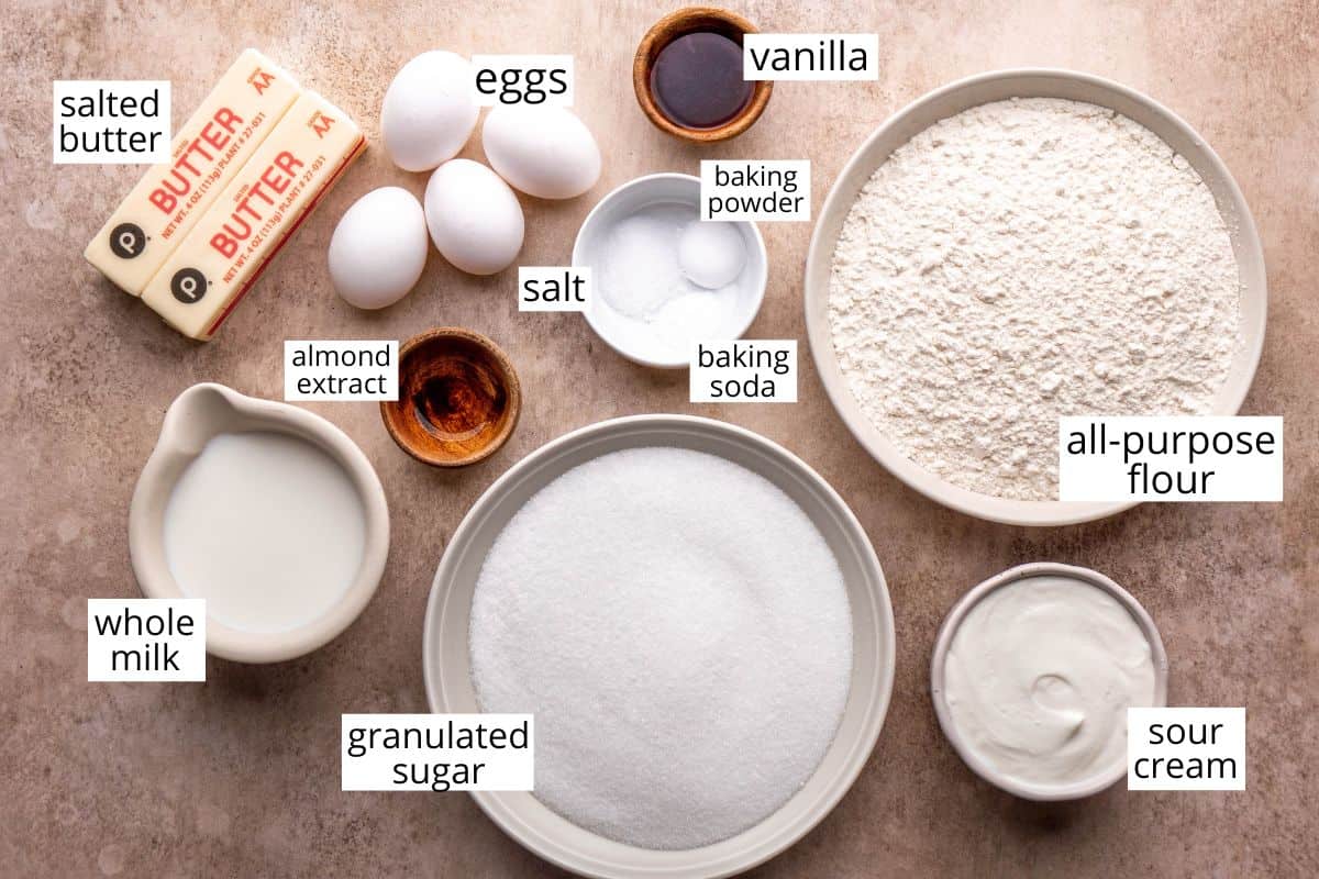 overhead photo of the ingredients in this Vanilla Bundt Cake recipe