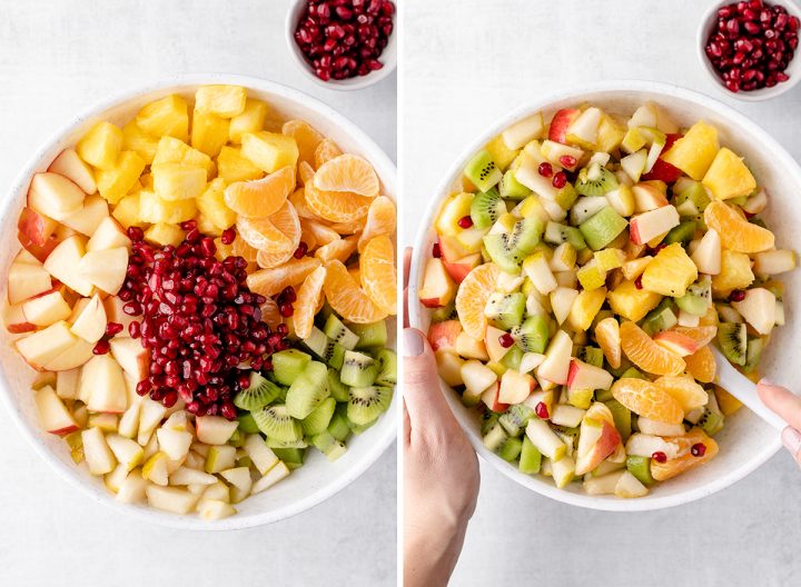 two photos showing  how to make Winter Fruit Salad