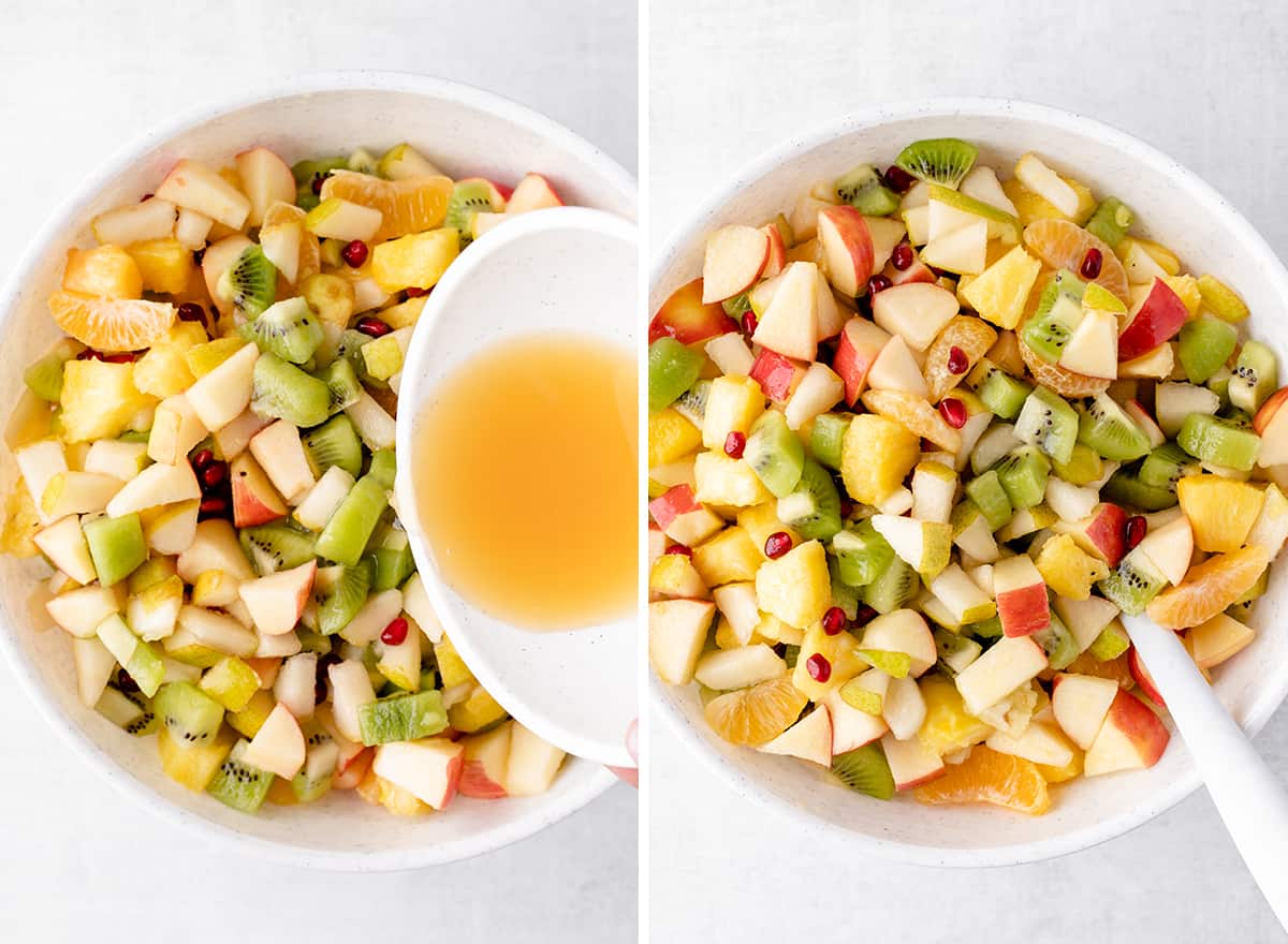 two photos showing  how to make Winter Fruit Salad
