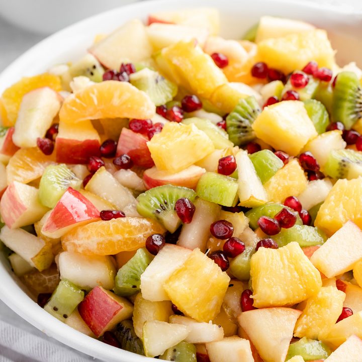 Winter Fruit Salad in a large white serving dish