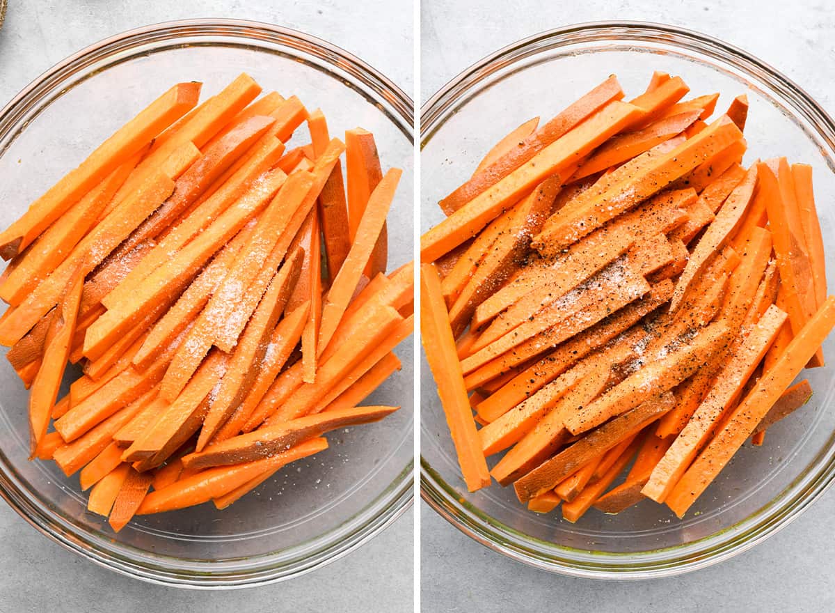 two photos showing How to Make Sweet Potato Fries - adding salt and pepper