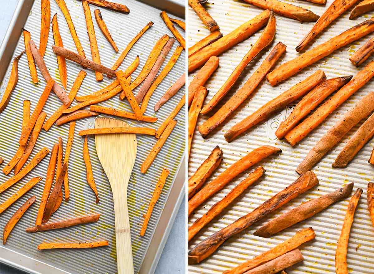 two photos showing How to Make Sweet Potato Fries - baking and stirring