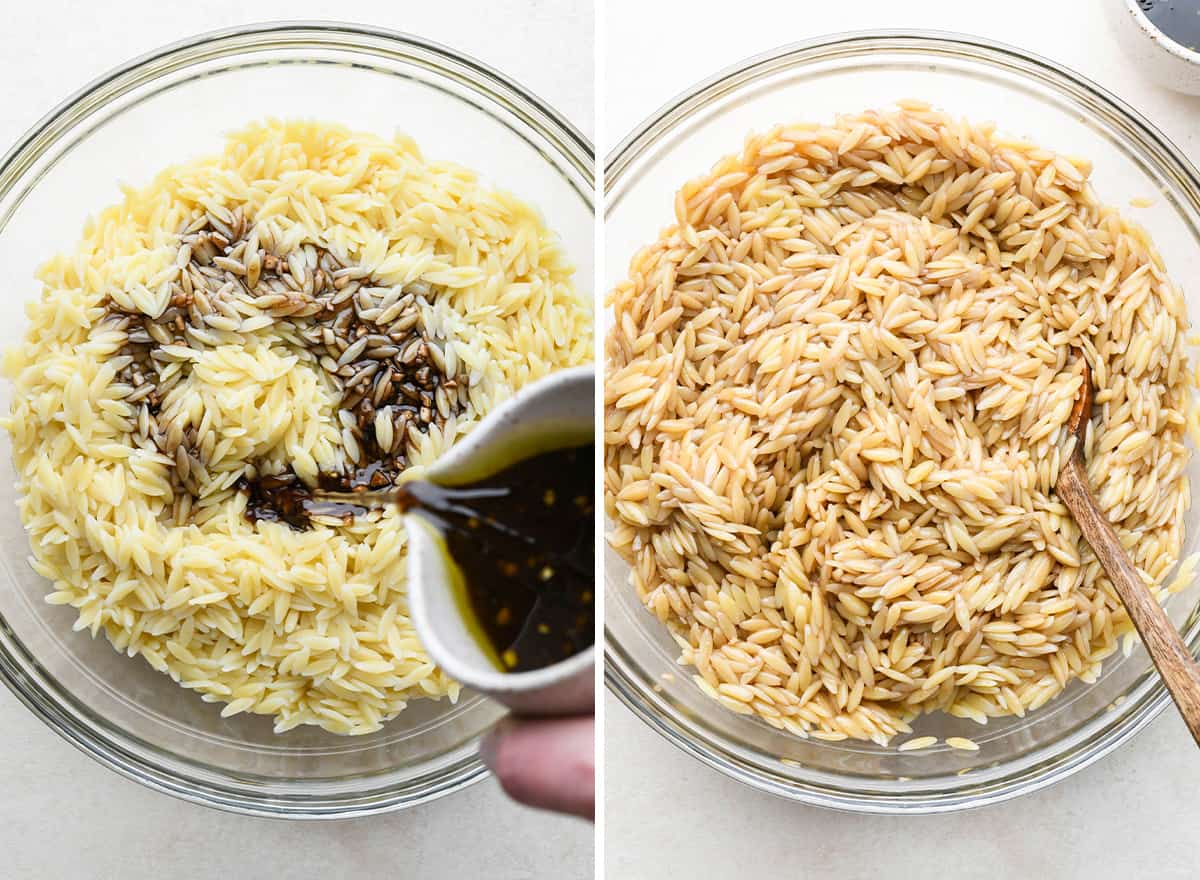 two photos showing adding balsamic dressing to cooked orzo