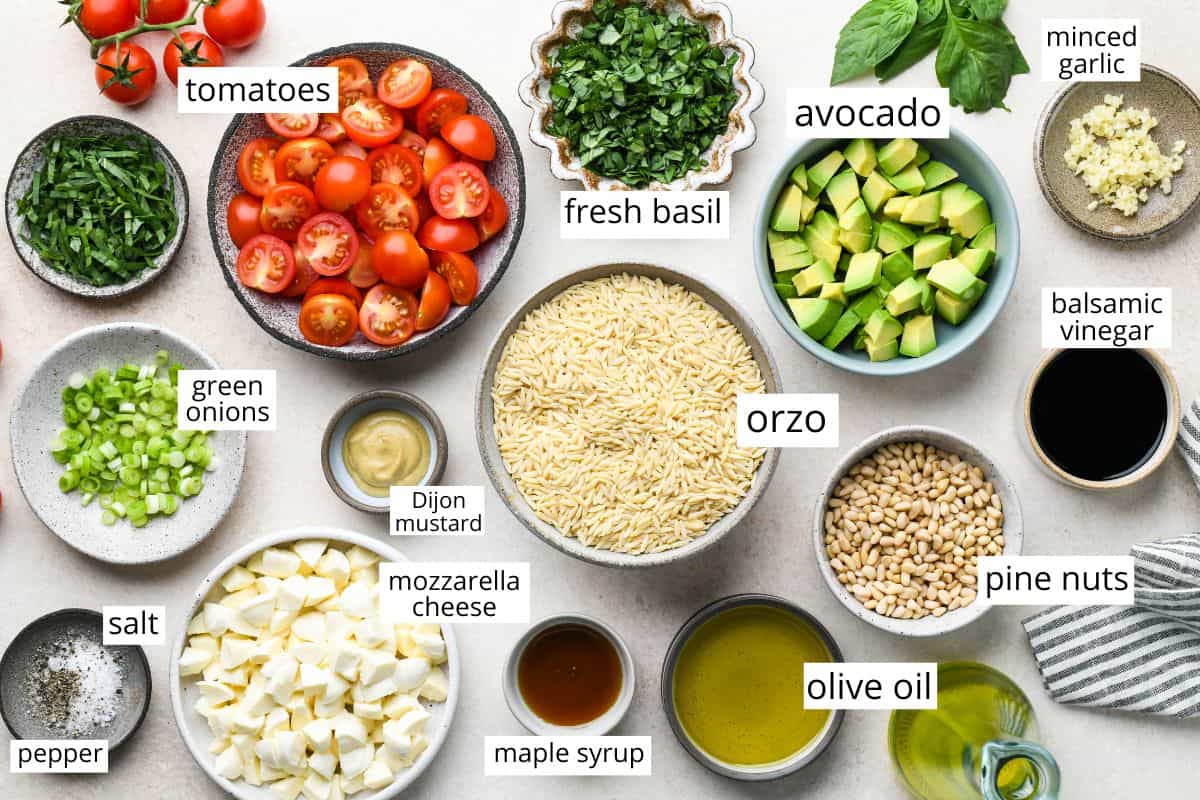 overhead photo of the ingredients in this Caprese Orzo Salad recipe