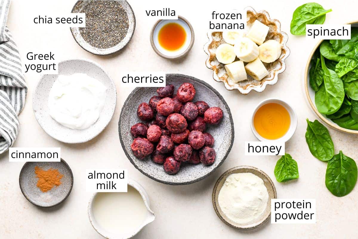 overhead photo of the ingredients in this Cherry Smoothie recipe