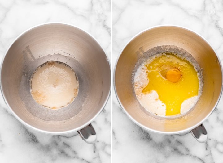 two photos showing How to Make Chocolate Cinnamon Rolls - proofing yeast & adding wet ingredients