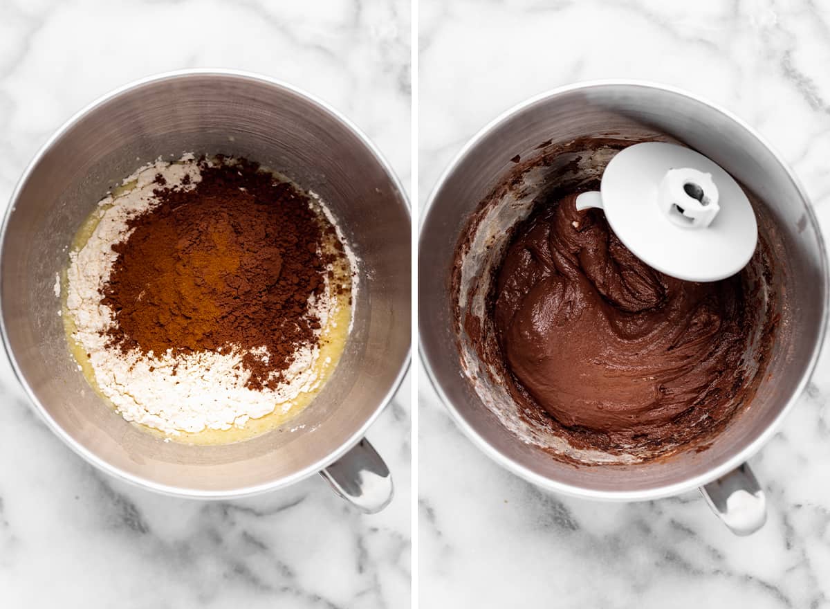 two photos showing How to Make Chocolate Cinnamon Rolls - adding dry ingredients. 