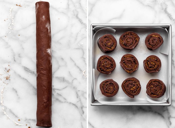 two photos showing How to Make Chocolate Cinnamon Rolls - the dough rolled into a cylinder and then cut rolls in the baking pan