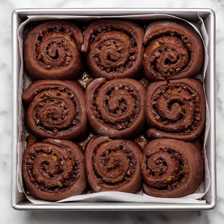 overhead photo of baked chocolate cinnamon rolls