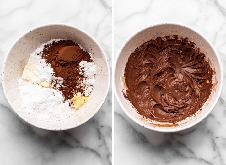 two photos showing How to Make Chocolate Cinnamon Rolls - making the chocolate cream cheese frosting.