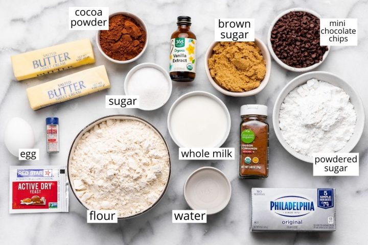 overhead view of the ingredients in this Chocolate Cinnamon Rolls recipe