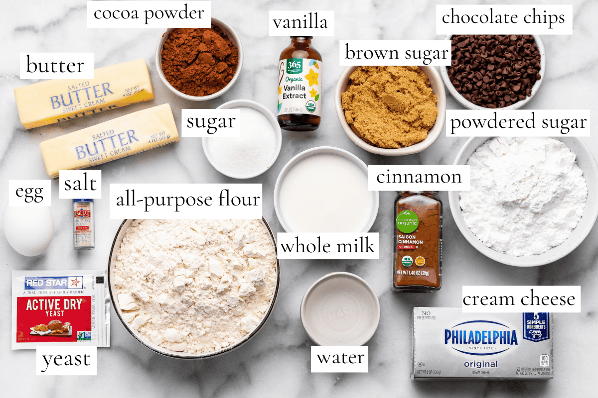 overhead view of the ingredients in this Chocolate Cinnamon Rolls recipe in bowls and labeled like flour, sugar, butter, egg, salt, cocoa powder, brown sugar, vanilla, chocolate chips and more.