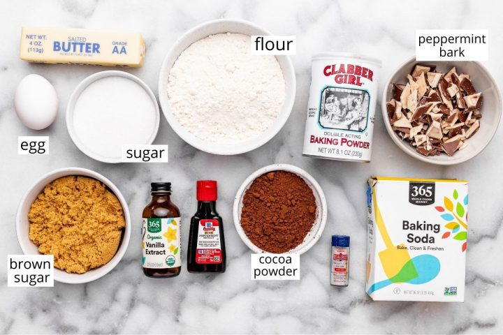 overhead view of the ingredients in this Chocolate Peppermint Cookie recipe