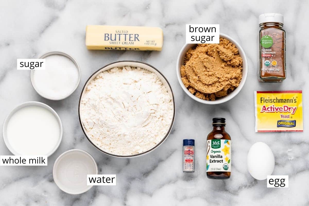 overhead view of the ingredients in this Cinnamon Swirl Bread recipe