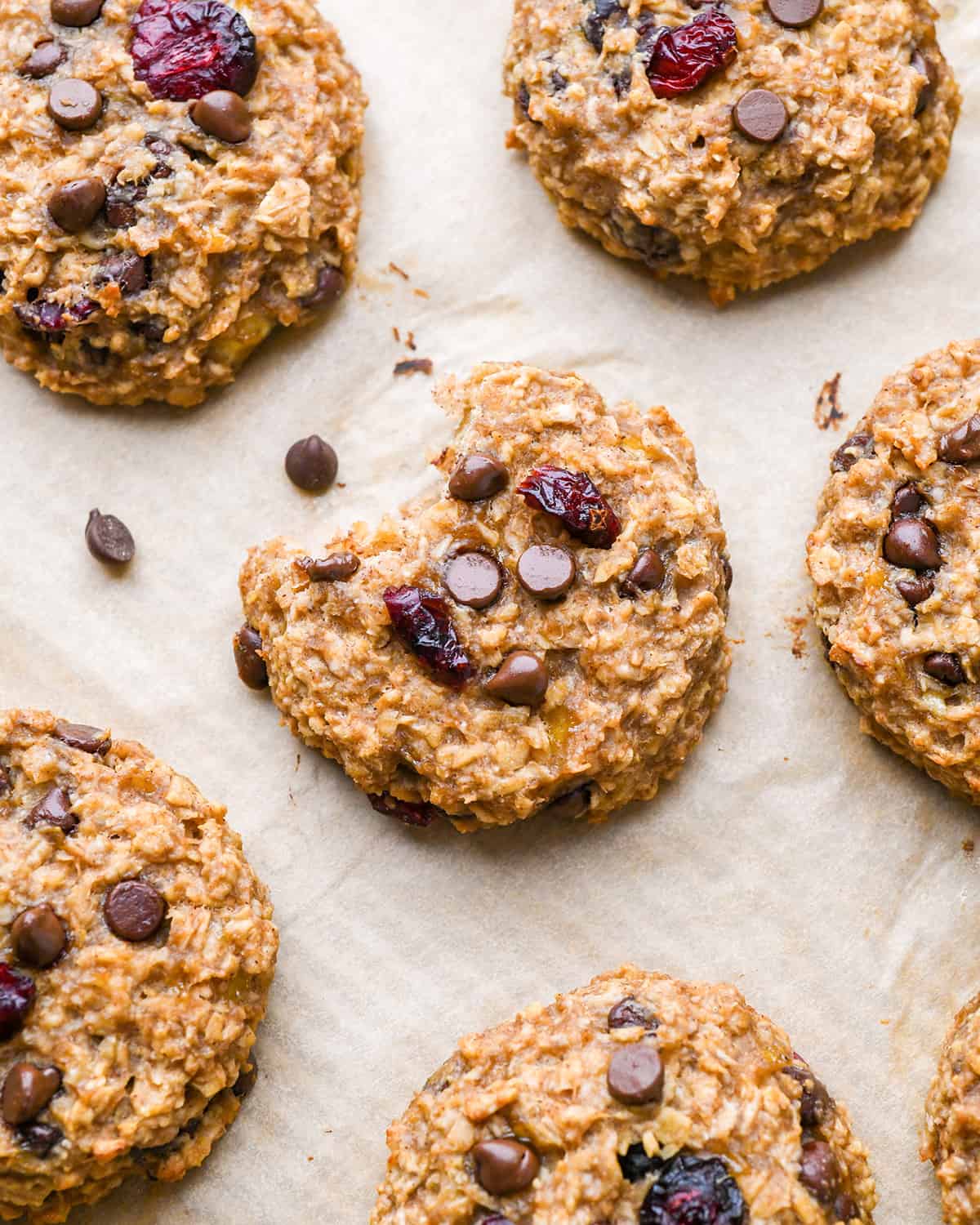 6 Breakfast Cookies with chocolate chips and dried cranberries, one with a bite taken out of it