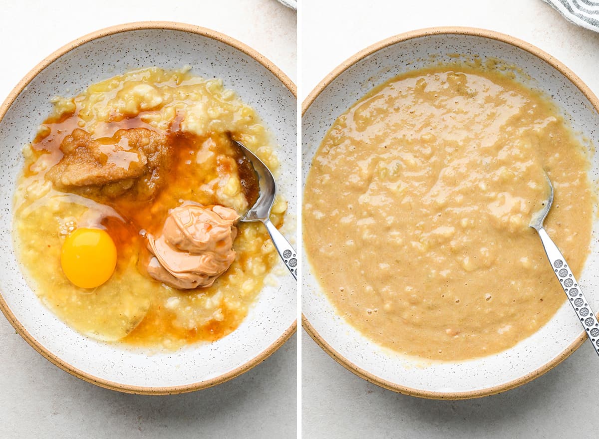 two photos showing How to Make Breakfast Cookies - combining wet ingredients 