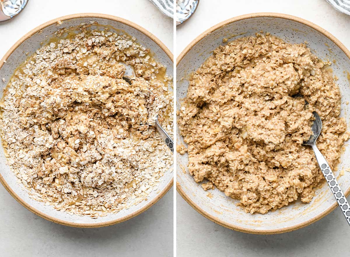two photos showing How to Make Breakfast Cookies - adding dry ingredients 
