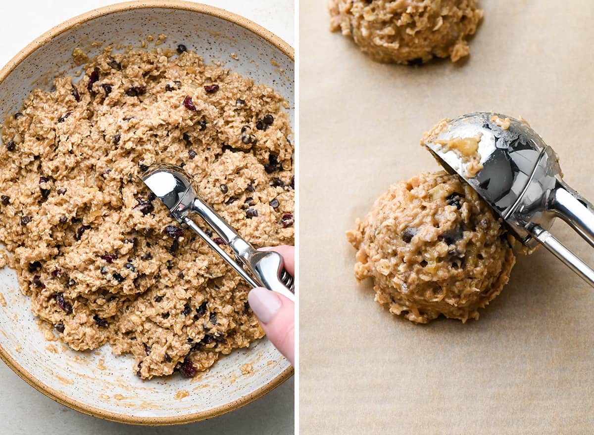 two photos showing measuring out the breakfast cookie dough and putting it on a baking sheet