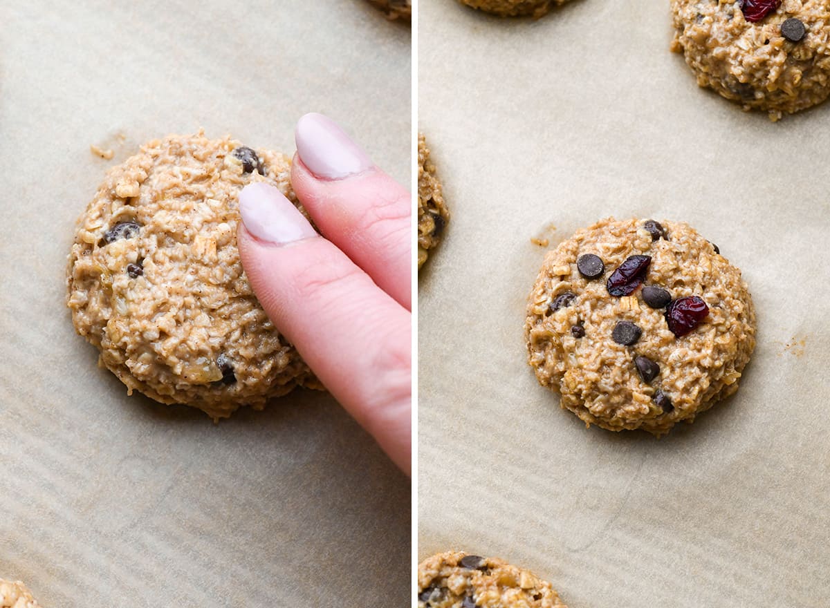 two photos showing breakfast cookies on a baking sheet before baking