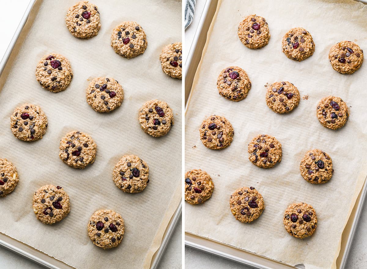 two photos showing breakfast cookies on a baking sheet before and after baking