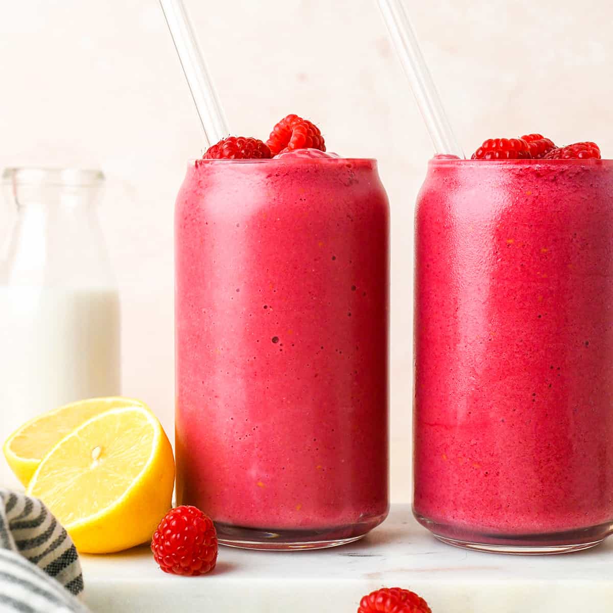 front view of two glasses of Raspberry Smoothie
