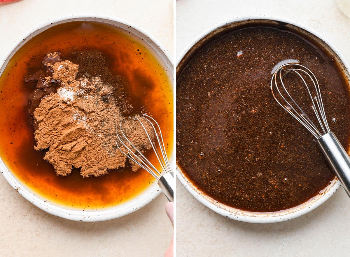 two photos showing How to Make Apple Butter - whisking ingredients in a bowl