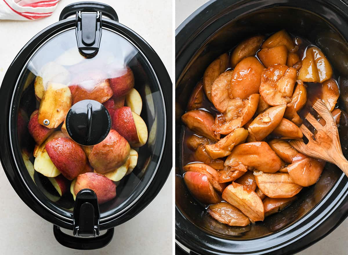 two photos showing How to Make Apple Butter - cooking in a crockpot covered then uncovered