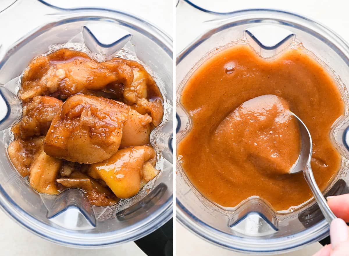 two photos showing blending apple butter in a blending container 
