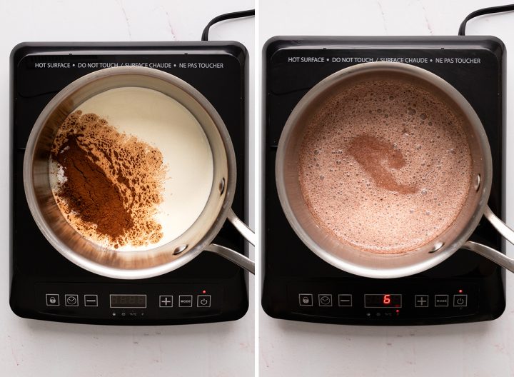two photos showing How to Make Chocolate Fondue in a saucepan 