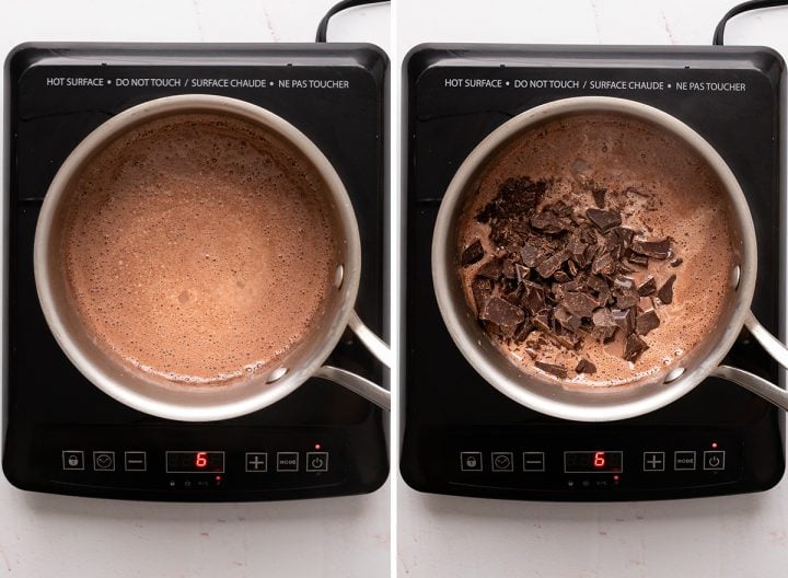 two photos showing How to Make Chocolate Fondue in a saucepan
