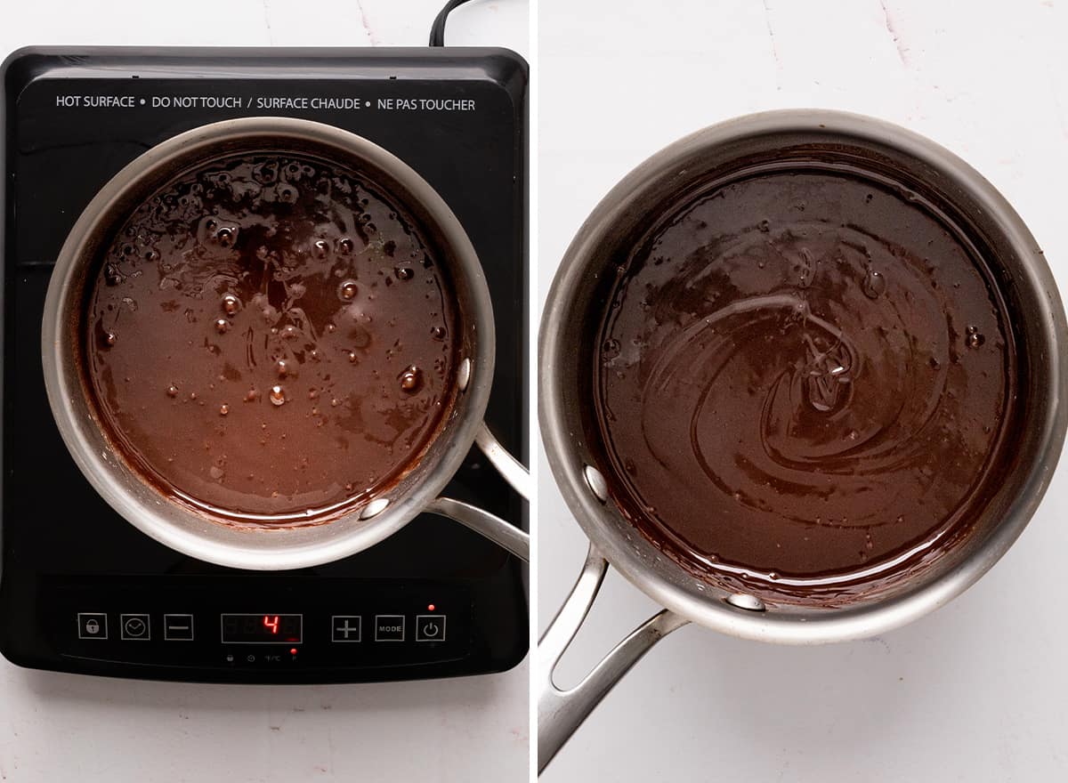 two photos showing How to Make Chocolate Fondue in a saucepan