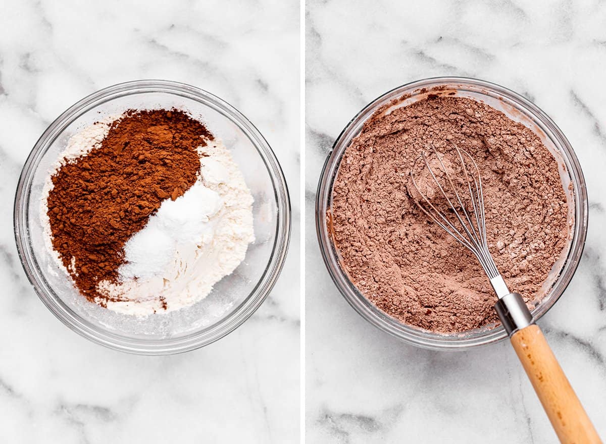 two photos showing How to Make Chocolate Peppermint Cookies - combining the dry ingredients