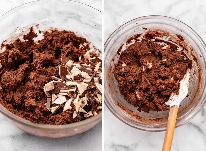 two photos showing How to Make Chocolate Peppermint Cookies - stirring in peppermint bark
