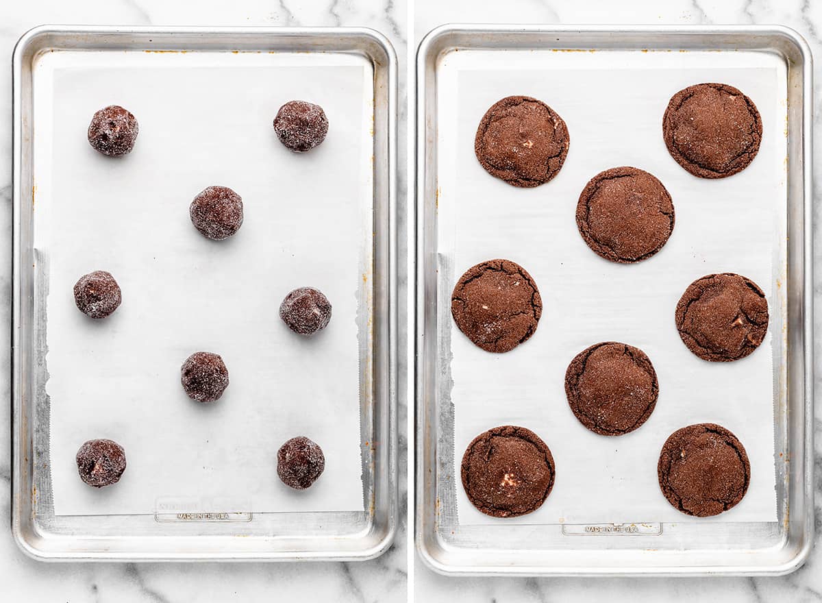 two photos showing How to Make Chocolate Peppermint Cookies - before and after baking