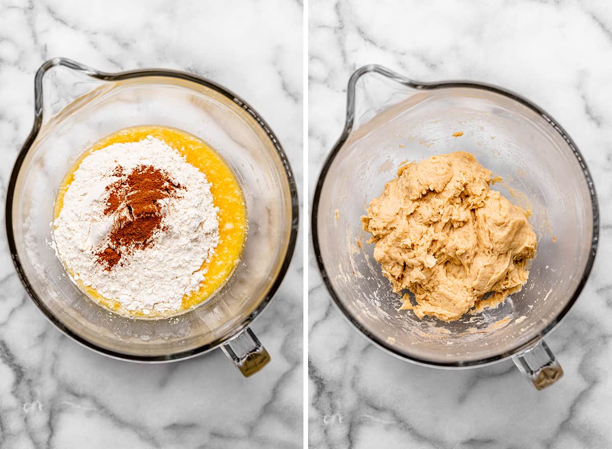 two photos showing How to Make Cinnamon Swirl Bread - adding dry ingredients