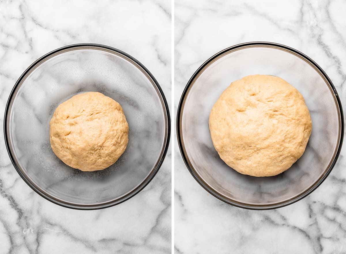 two photos showing How to Make Cinnamon Swirl Bread - forming dough
