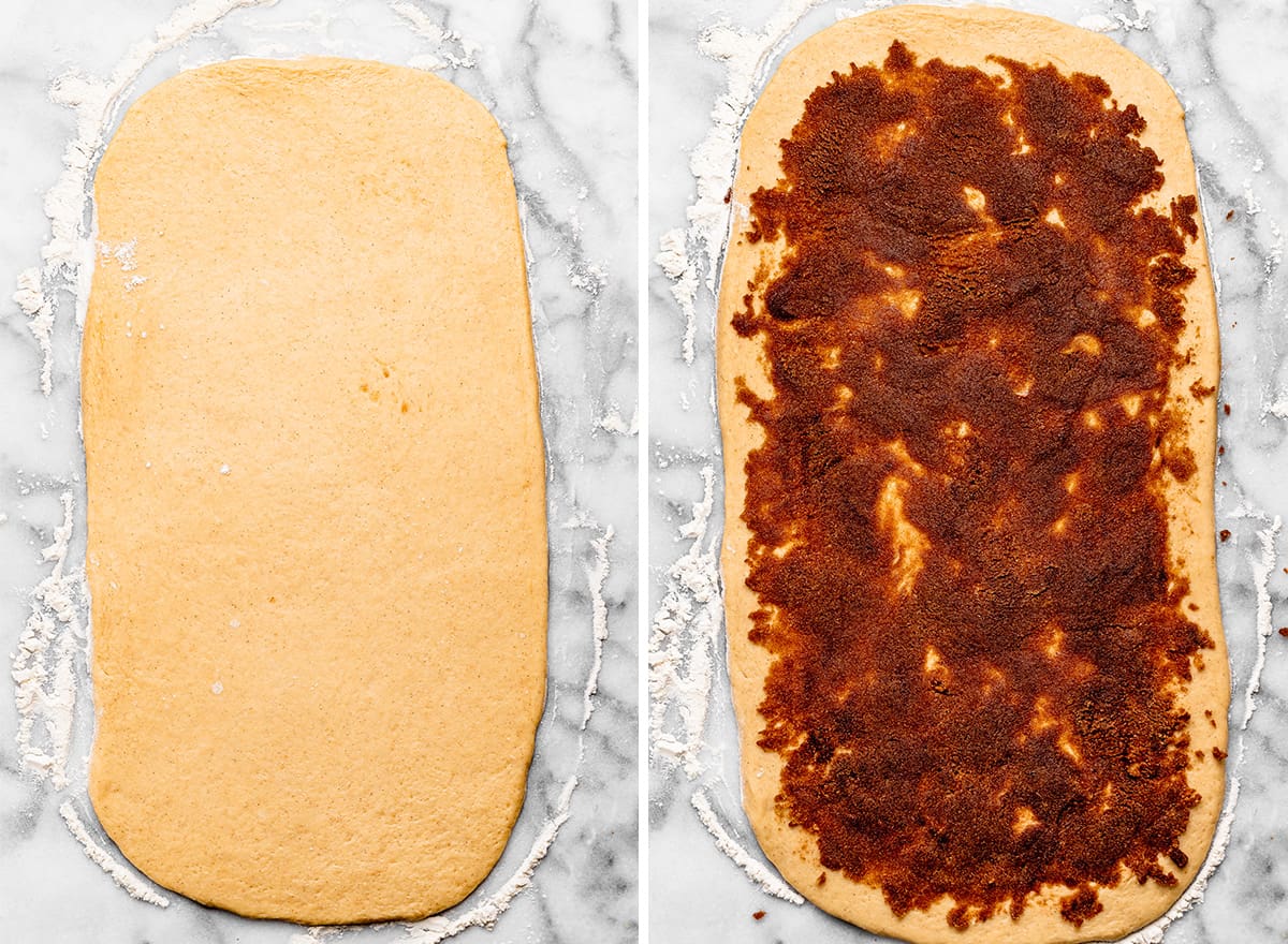 two photos showing How to Make Cinnamon Swirl Bread - rolling out dough and spreading cinnamon swirl mixture on top